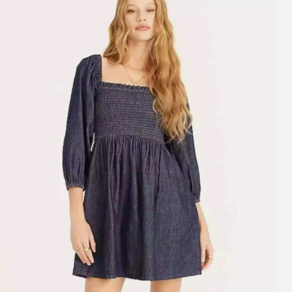 J. Crew Square Neck 100% Cotton Smocked Puff Sleeve Dress-Small-Blue Denim